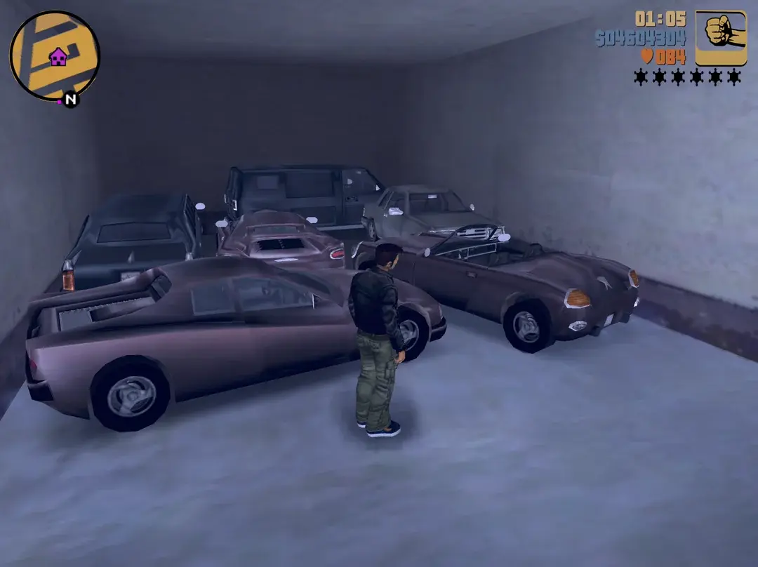 Otwarty garaż przy kryjówce Claude'a w GTA 3 — bezpieczne miejsce na auto