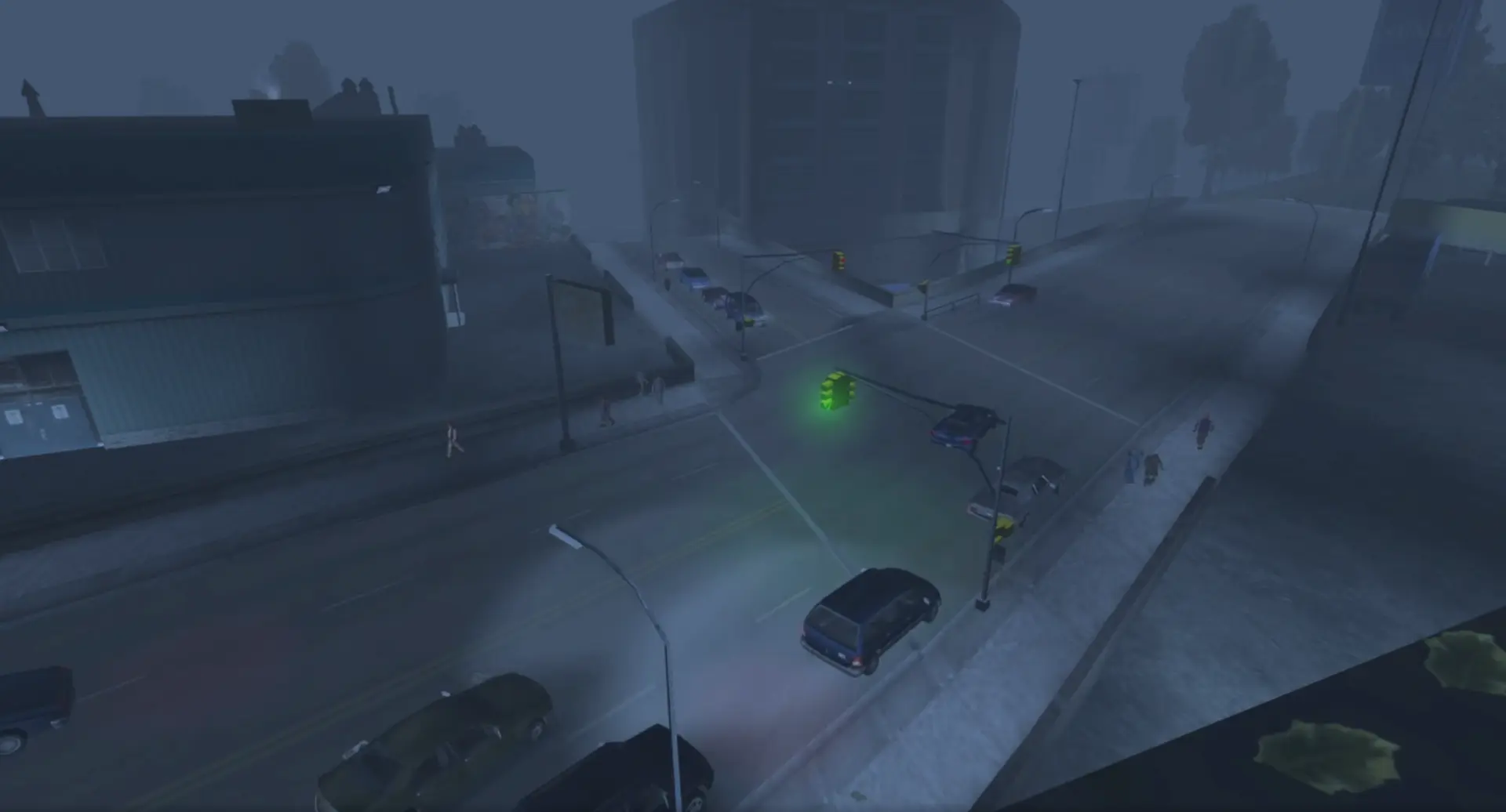 Mglisty poranek na drodze Shoreside Vale — niska widoczność i pusta szosa (GTA 3)