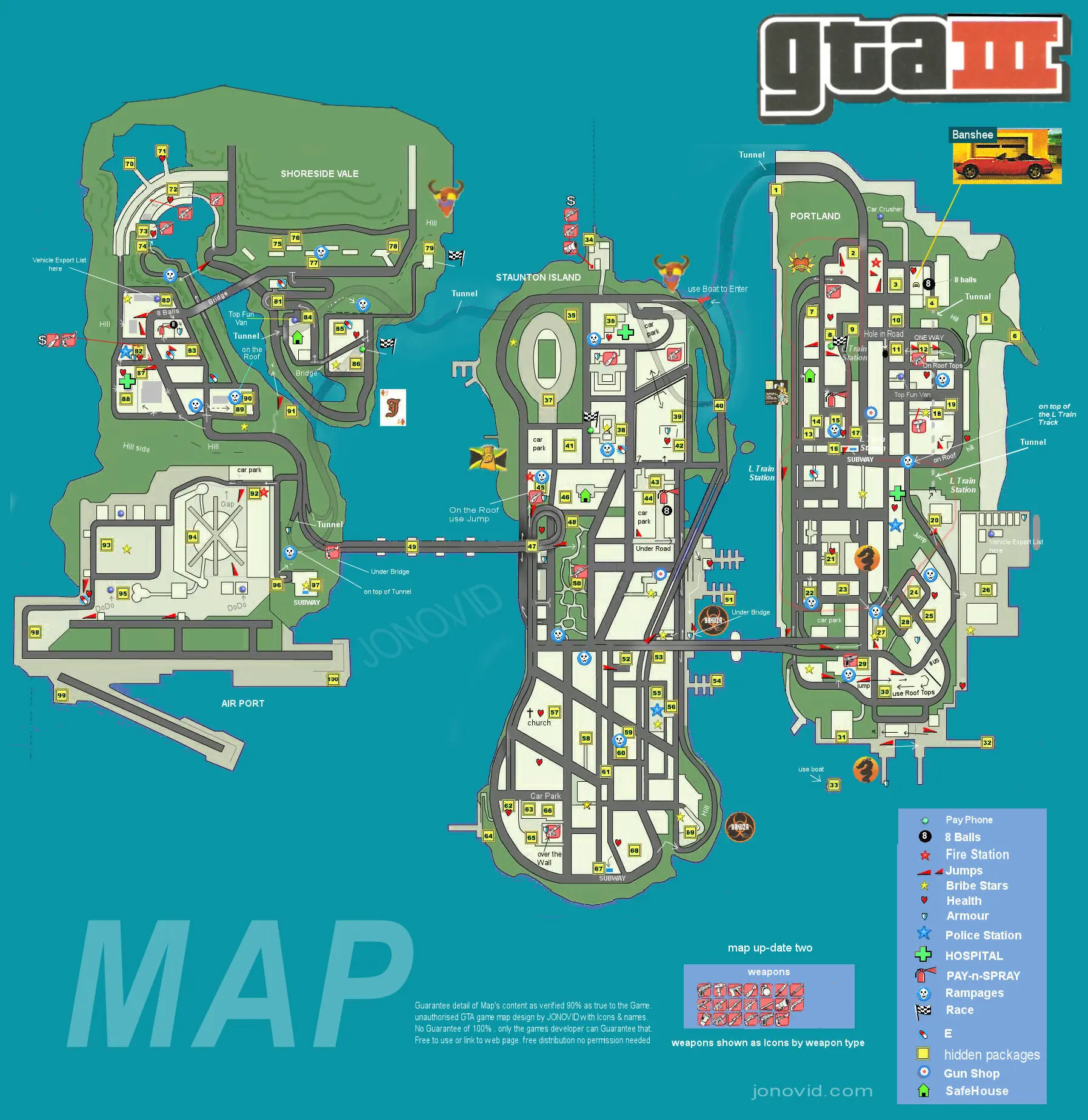 Mapa Portland w GTA 3 — pierwsza wyspa Liberty City z dzielnicami i zaznaczonymi misjami
