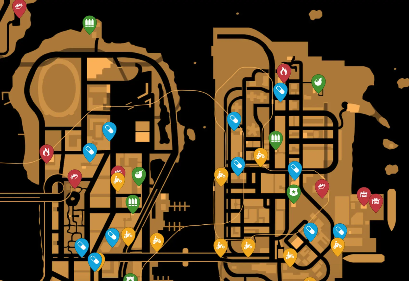 Mapa Staunton Island i Shoreside Vale w GTA 3 — druga i trzecia wyspa Liberty City