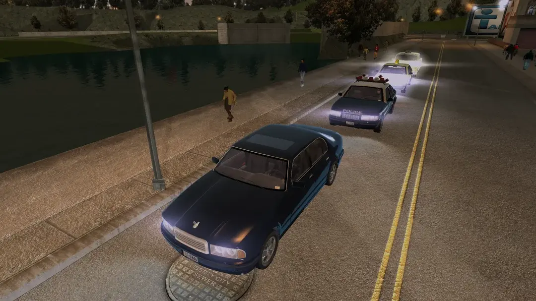GTA 3 z modem dynamicznego oświetlenia — wieczorne światła latarni i auta rzucające cienie