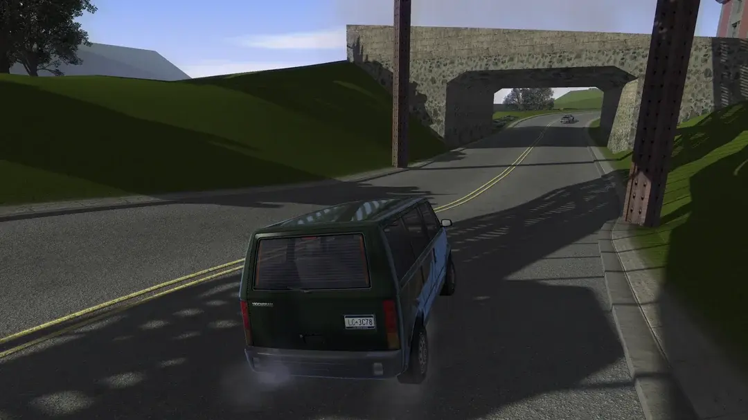 GTA 3 z modem dynamicznego oświetlenia — auto i NPC rzucają długie cienie pod latarnią