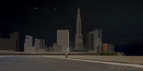 Panorama Staunton Island nocą — wieżowce i światła wieżowców (GTA 3)